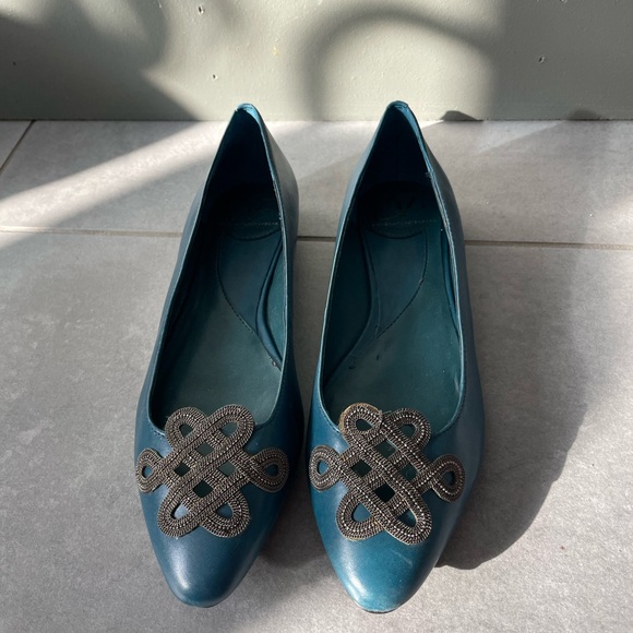 Diane Von Furstenberg Teal ballet Flats w micro chain gunmetal Embellishment 7 - Picture 15 of 16